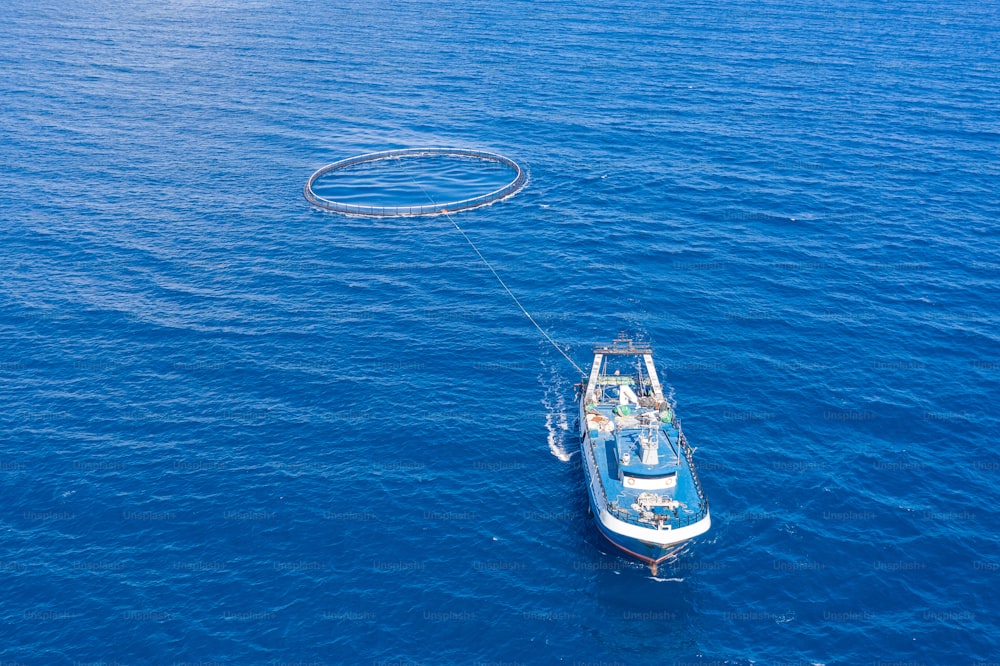 Fishing boat with special equipment for fishing, fish frame sails in the Mediterranean sea