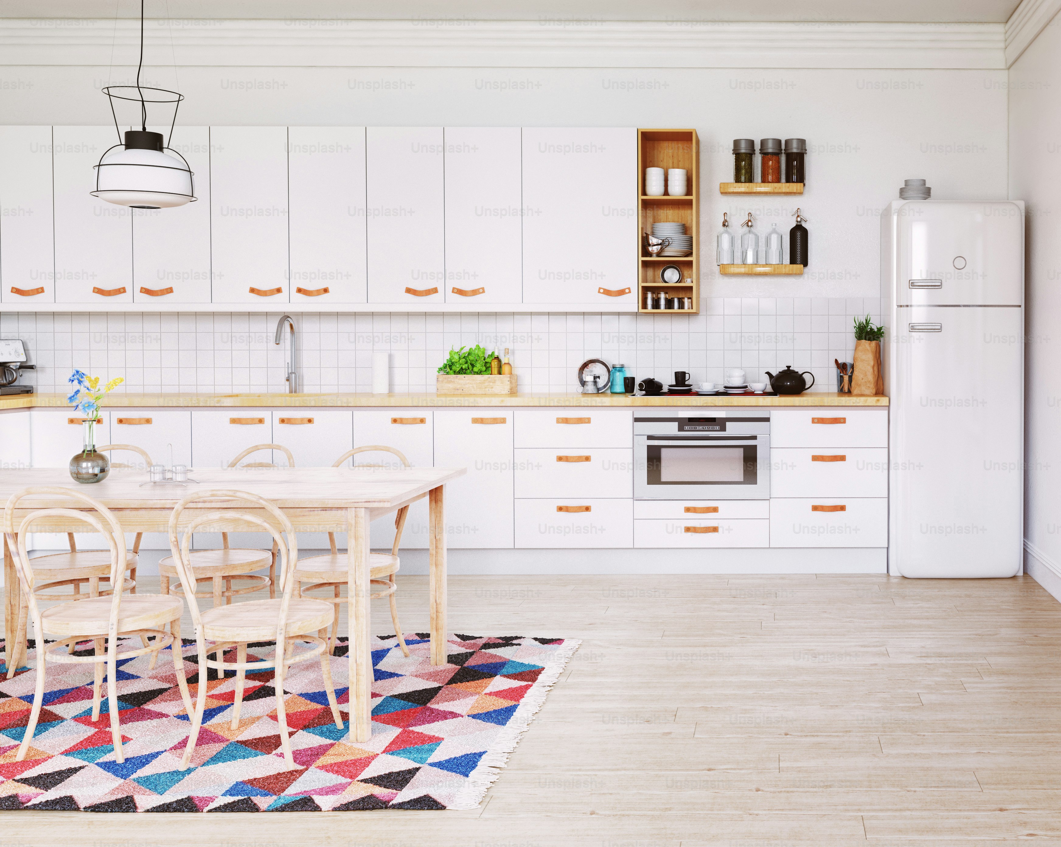 Modern kitchen interior. Scandinavian style design. 3d rendering ...