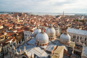 Aerial view of Venice city skyline from St. Mark's Square (Piazza San Marco) in Venice - Italy in sunny summer day. Venice is famous travel destination of Italy for its unique city and culture.