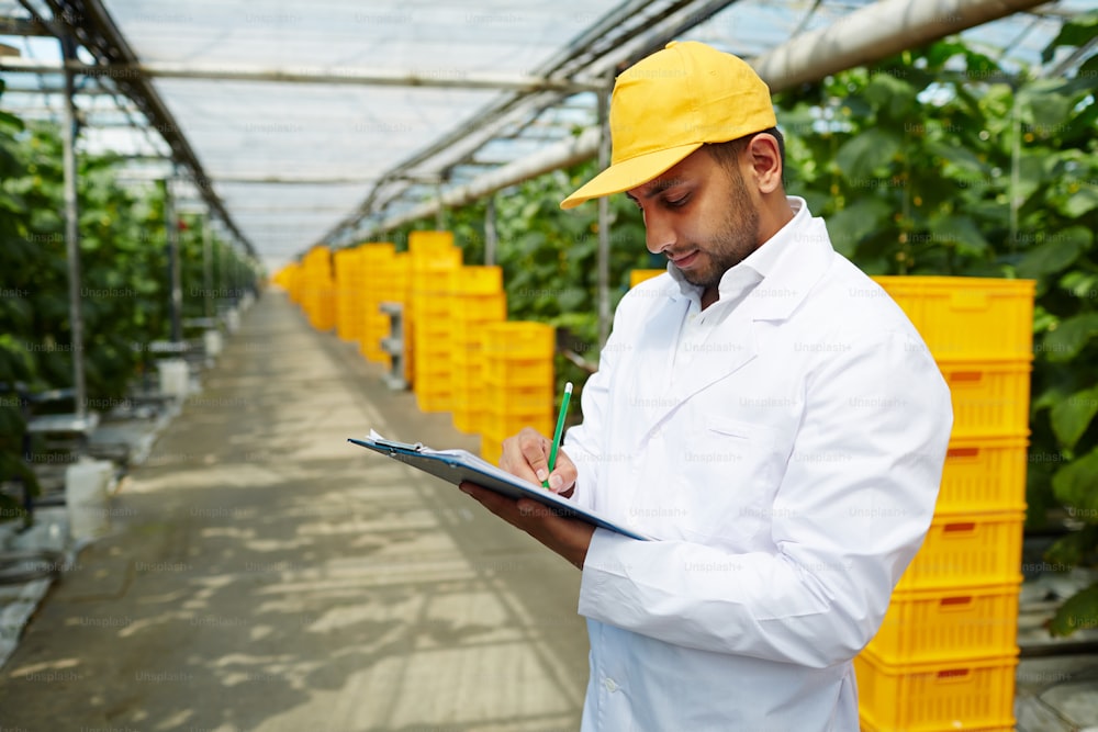 Worker of greenhouse in whitecoat and yellow baseball cap making notes on paper
