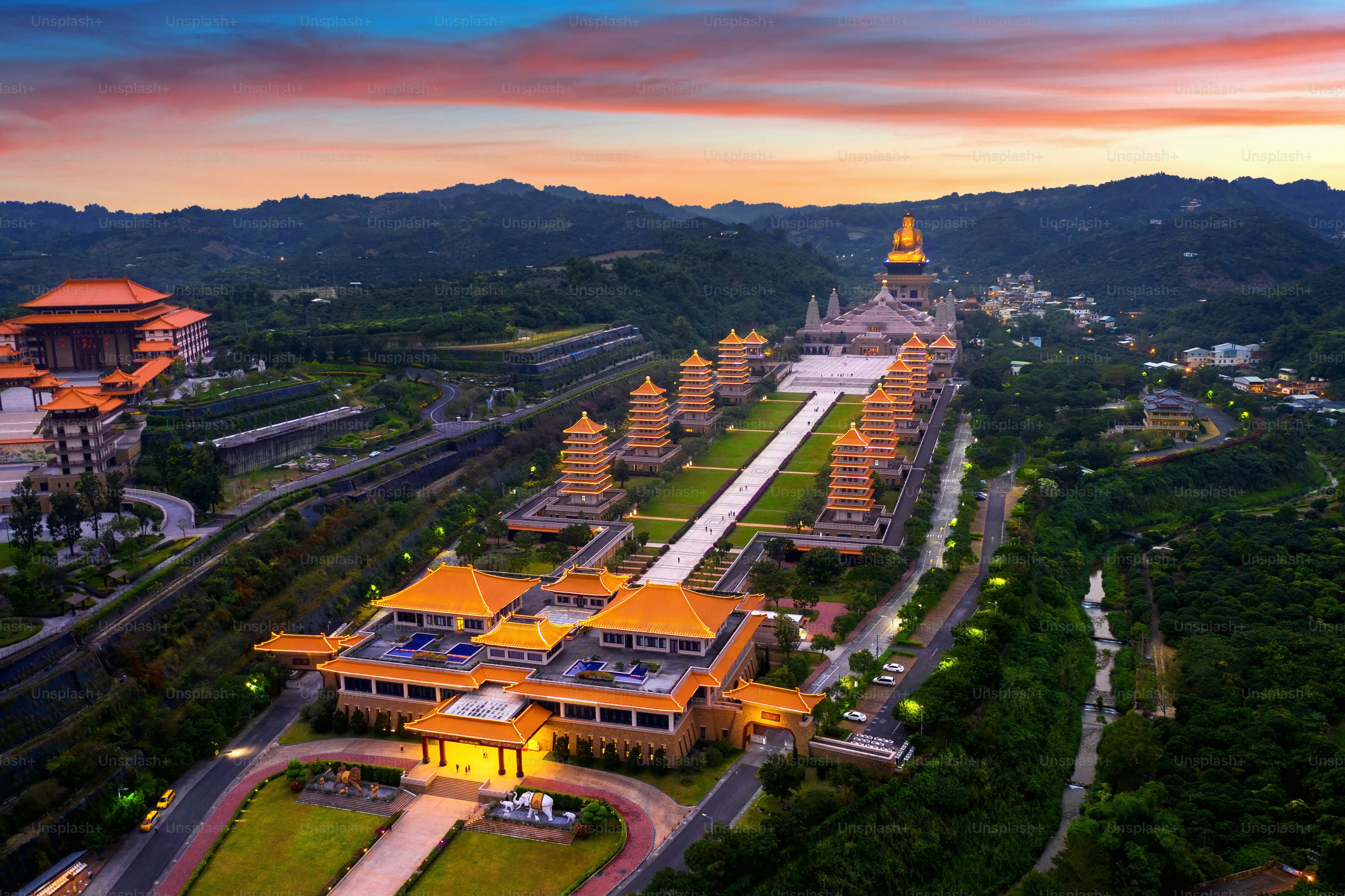 Sunset at Fo Guang Shan Buddha Temple in Kaohsiung, Taiwan.