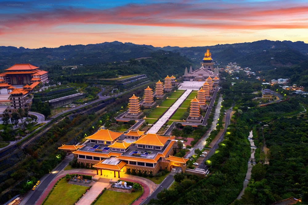 Sunset at Fo Guang Shan Buddha Temple in Kaohsiung, Taiwan.