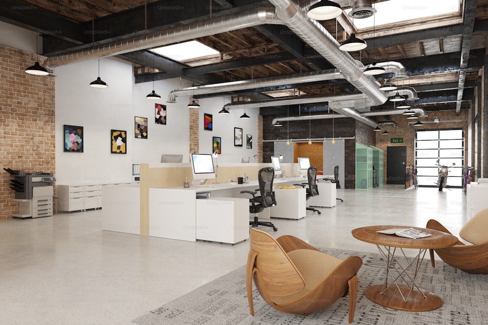 Interior de oficina loft contemporáneo. Concepto de diseño de renderizado 3D