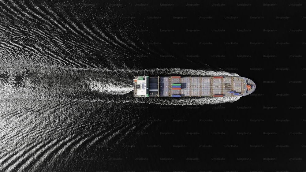 Aerial top view container ship on deep sea for logistics, import export, shipping or transportation to worldwide.