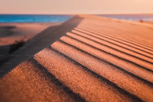 Patara Strand ist ein berühmtes touristisches Wahrzeichen und natürliches Ziel in der Türkei. Majestätischer Blick auf orangefarbene Sanddünen und Hügel leuchtet in den Strahlen des warmen Sonnenuntergangs.