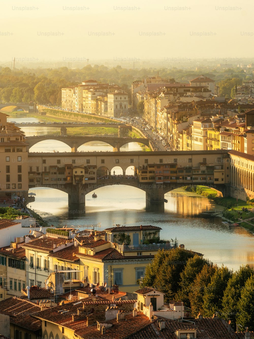 Florence Ponte Vecchio Bridge and City Skyline in Italy. Florence is capital city of the Tuscany region of central Italy. Florence was center of Italy medieval trade and wealthiest cities of past era.