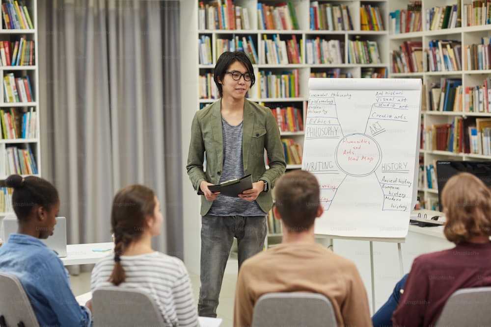 Jovem empresário asiático de pé perto do quadro branco e apresentando sua apresentação para os jovens na biblioteca