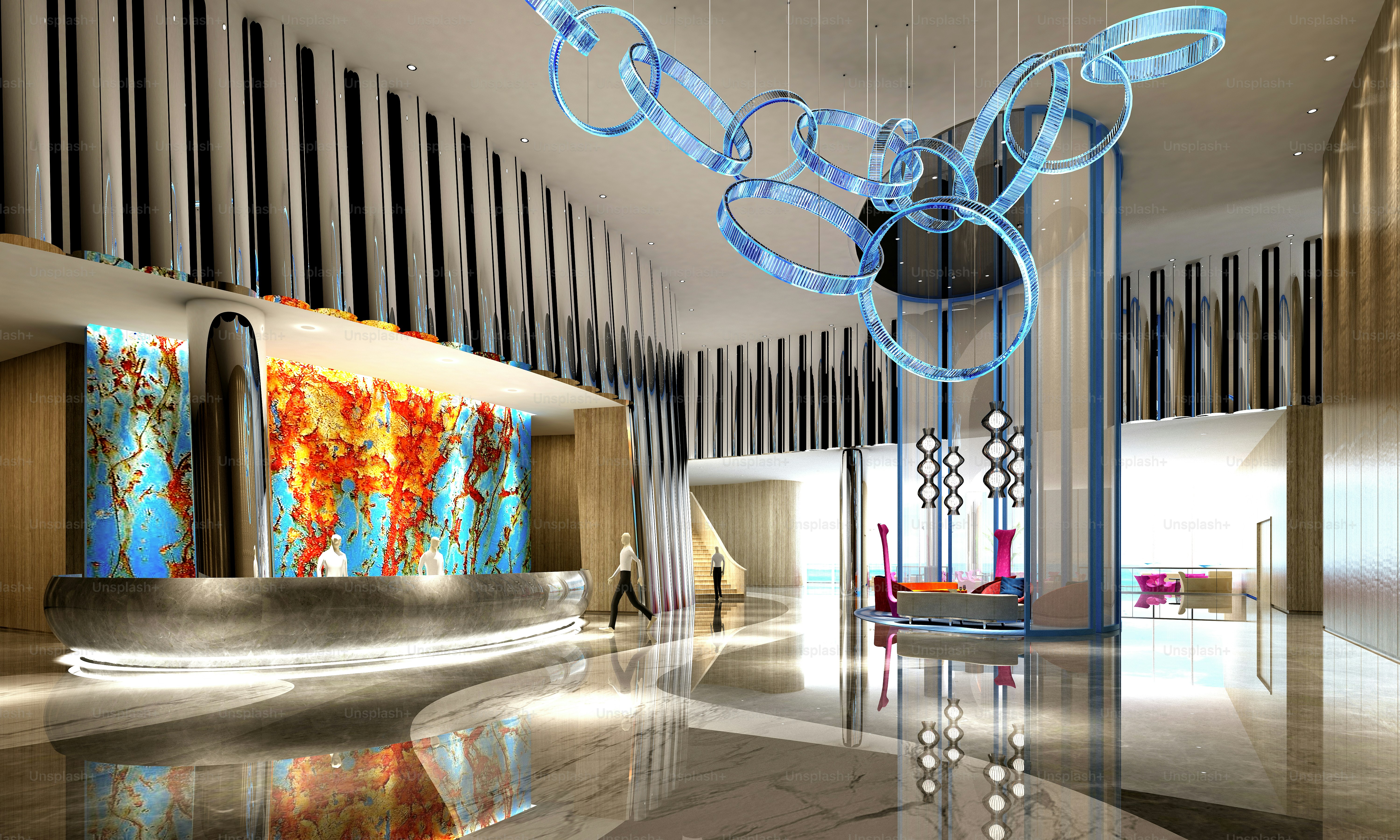 Render 3D lobi dan resepsionis hotel mewah