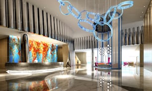 Rendering 3D della hall e della reception di un hotel di lusso