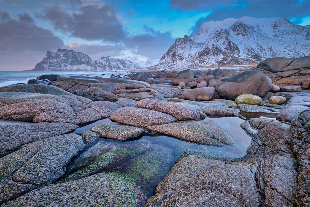 Rocks on beach of fjord of Norwegian sea in winteron sunset. Utakliev beach, Lofoten islands, Norway