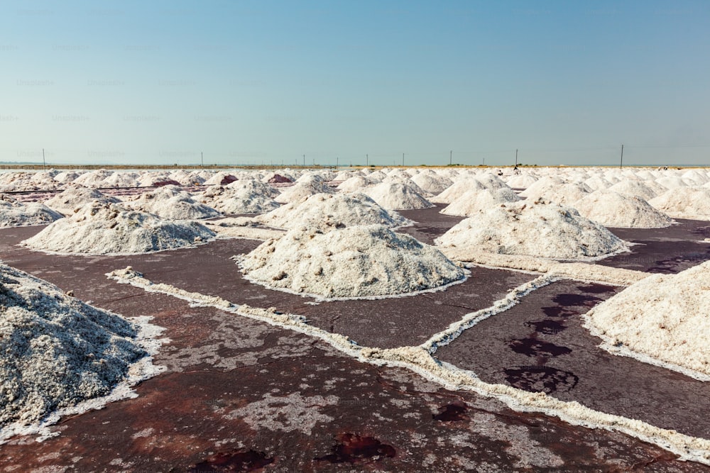 Montones de sal en la mina de sal del lago Sambhar, Sambhar, Rajastán, India