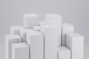 3D-Darstellung von White Cubes. Geometrisches quadratisches Blockmuster. Podium für Präsentationsprodukt. Volumetrischer abstrakter Hintergrund