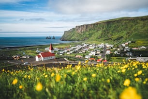 夏のアイスランドの美しい町、ヴィク・イ・ミュルダール。ヴィーク村は、レイキャビクの南東約180kmにある環状道路沿いにあるアイスランド最南端の村です。