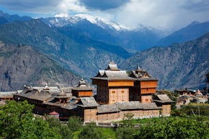 Bhimakali Temple dedicated to the mother goddess Bhimakali, Sarahan, Kinnaur, Himachal Pradesh, India. Traditional architecture of Himachal Pradesh - layers of woods are alternated with broken stones