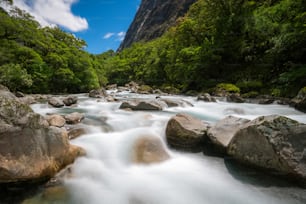 Rocky river landscape in rainforest with mountains background. Shot at Tutoko River near Milford Sound in Fiorland National Park, South Island of New Zealand.