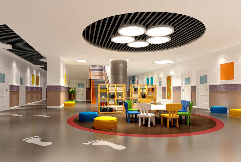 Render 3D del interior del jardín de infantes