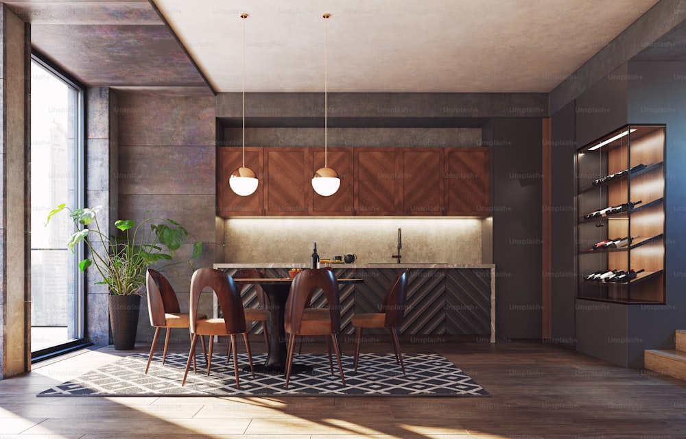 modern kitchen interior design concept. 3d rendering idea.