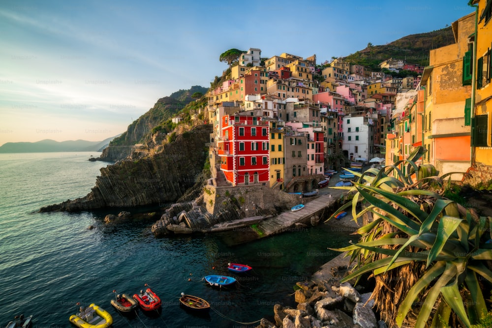 Riomaggiore of Cinque Terre, Italy - Traditional fishing village in La Spezia, situate in coastline of Liguria of Italy. Riomaggiore is one of the five Cinque Terre travel attractions.