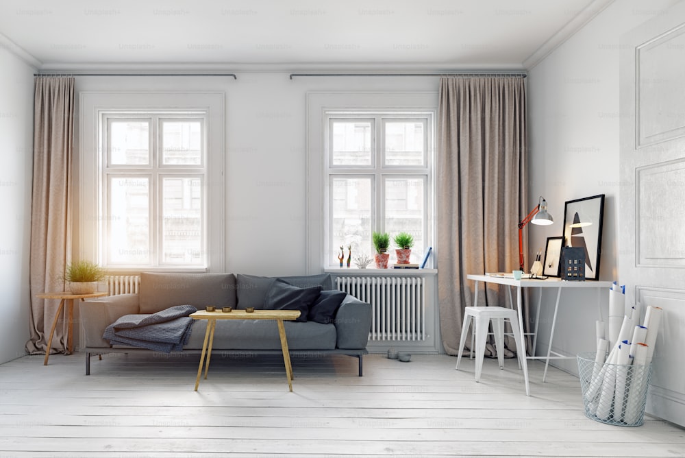diseño de interiores de sala de estar de estilo escandinavo moderno. concepto de ilustración 3d