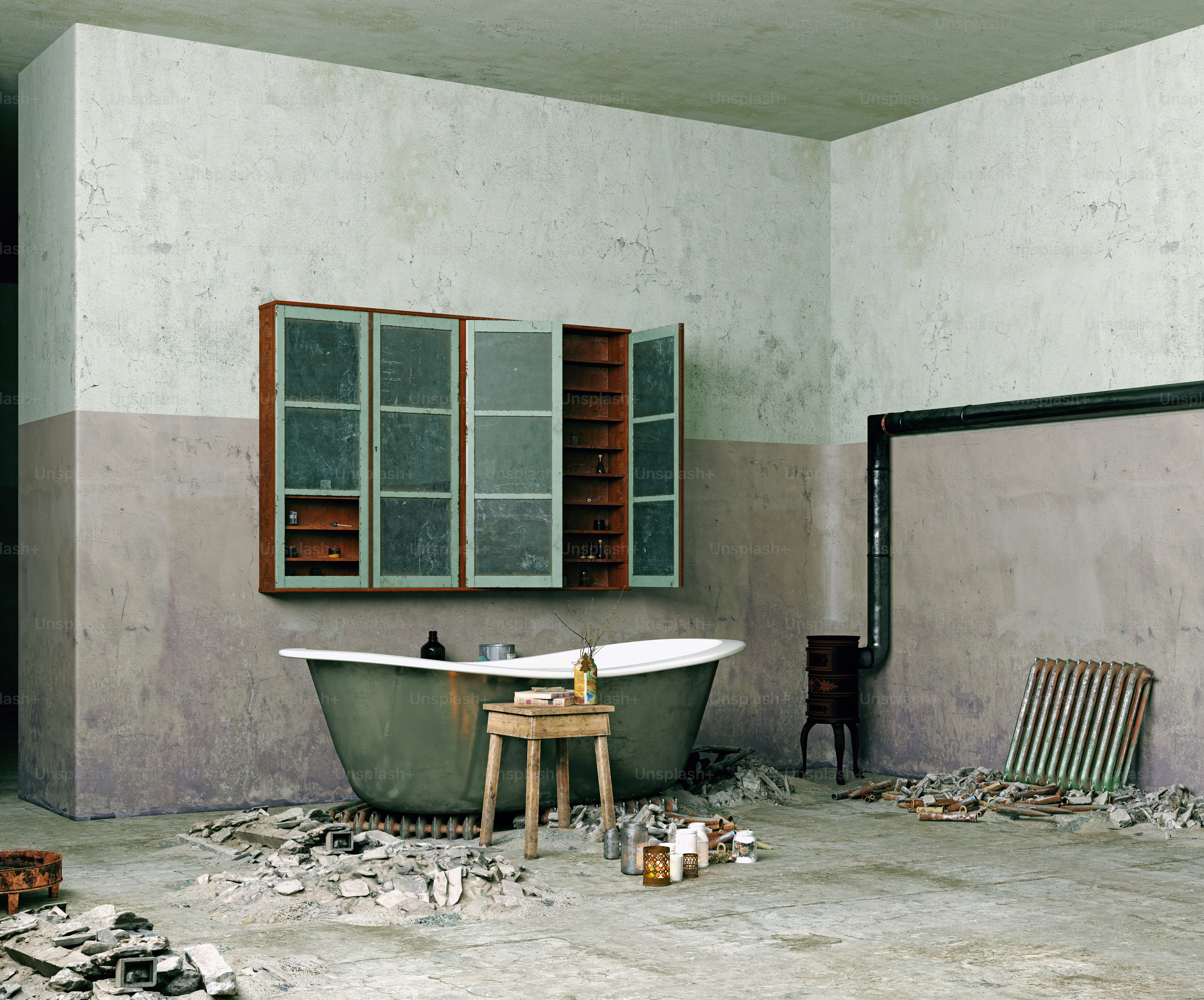 Grunge style bathroom interior. 3d rendering concept idea photo
