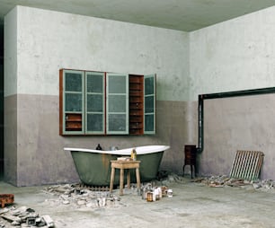 Interno del bagno in stile grunge. Idea concettuale di rendering 3D