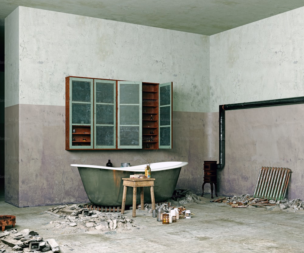 Intérieur de salle de bain de style grunge. Idée de concept de rendu 3D