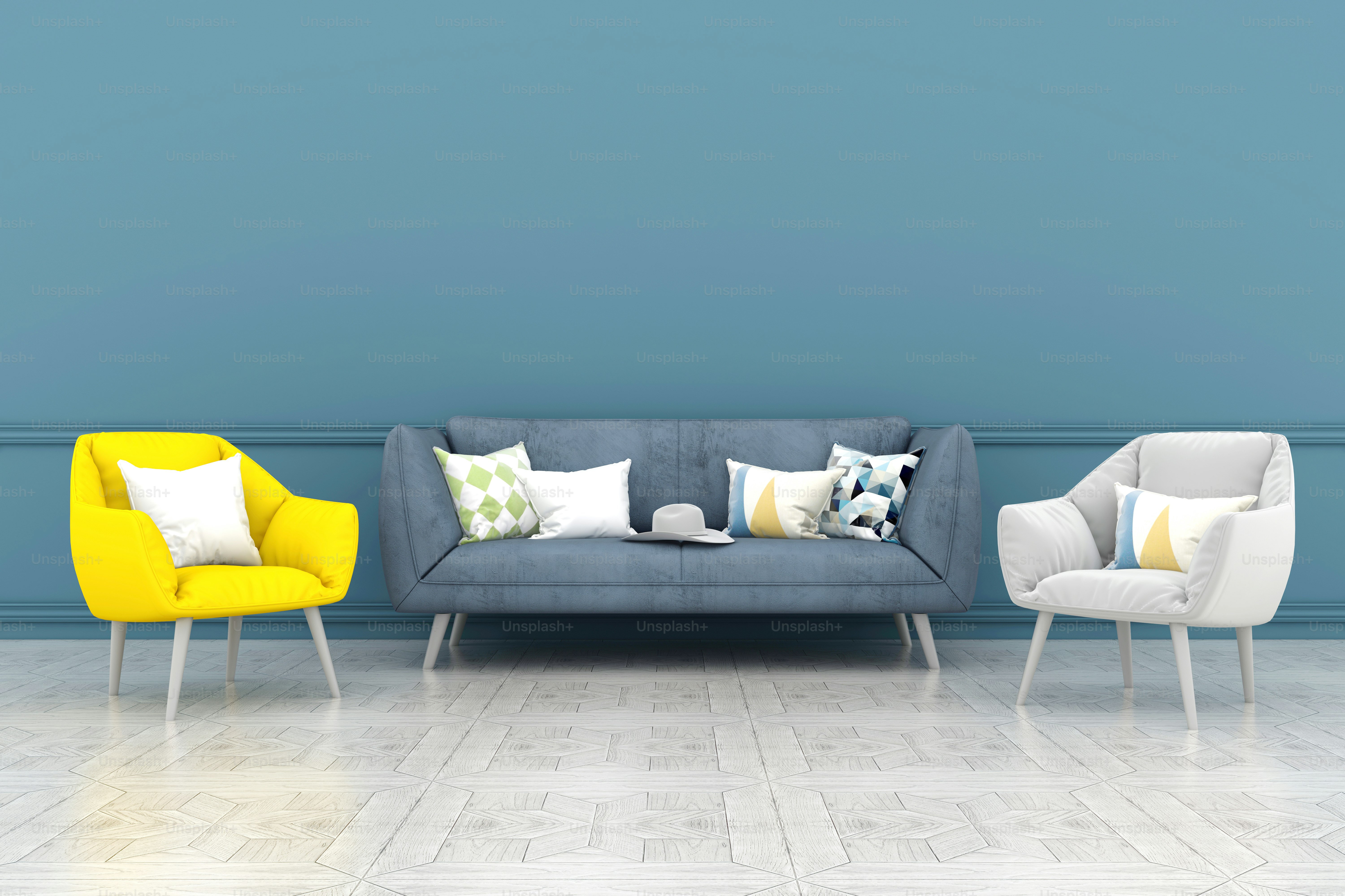 3D render of sofa in front of wall