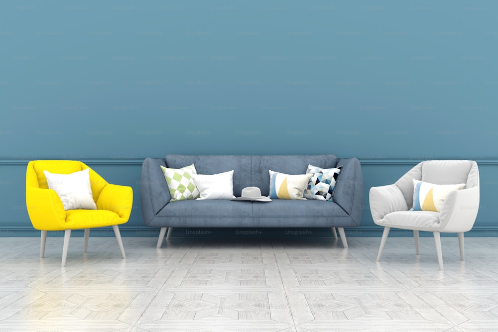 3D render of sofa in front of wall