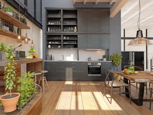interno cucina domestica moderna. Concetto di progettazione del rendering 3D
