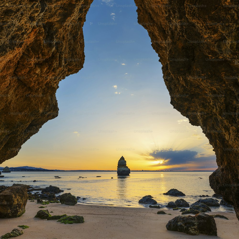 Camilo beach at sunrise, Algarve, Portugal