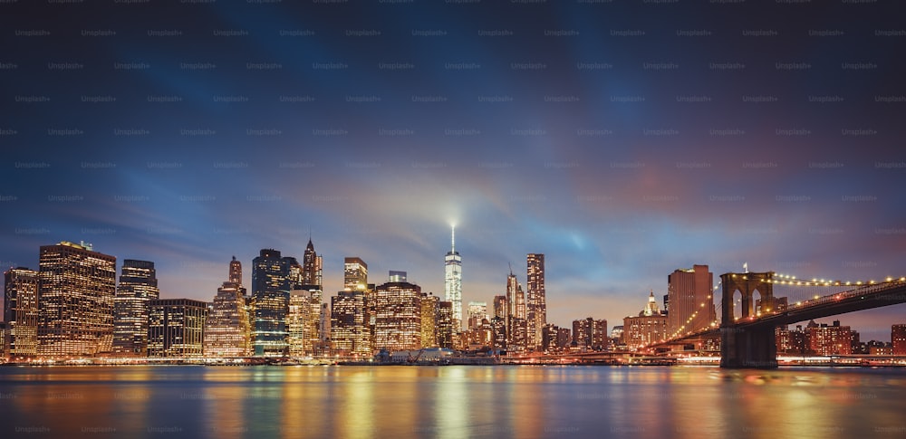 Panoramic view of New York by night, USA.