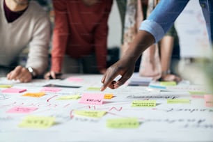 Primo piano dell'imprenditore nero e del suo team aziendale che fanno brainstorming mentre analizzano la mappa mentale su una riunione in ufficio.