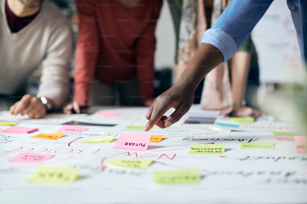 Close-up de empreendedor negro e sua equipe de negócios fazendo um brainstorming enquanto analisava o mapa mental em uma reunião no escritório.