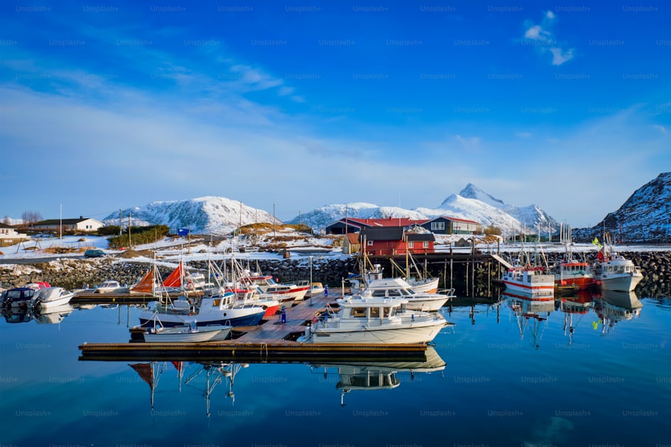 Fishing boats and yachts on pier in Norwegian fjord in village on Lofoten  islands in winter, Norway photo – Marina Image on Unsplash