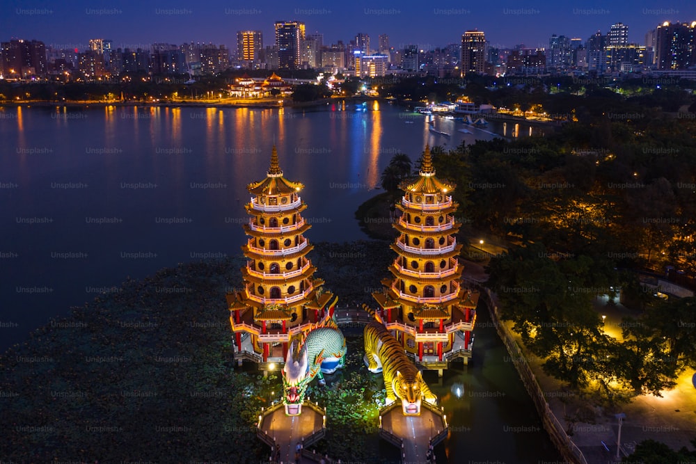 Dragon and Tiger Pagodas at night in Kaohsiung, Taiwan.