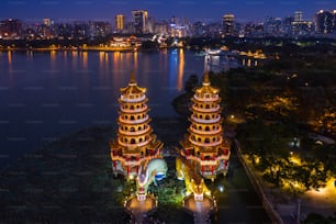 Dragon and Tiger Pagodas at night in Kaohsiung, Taiwan.