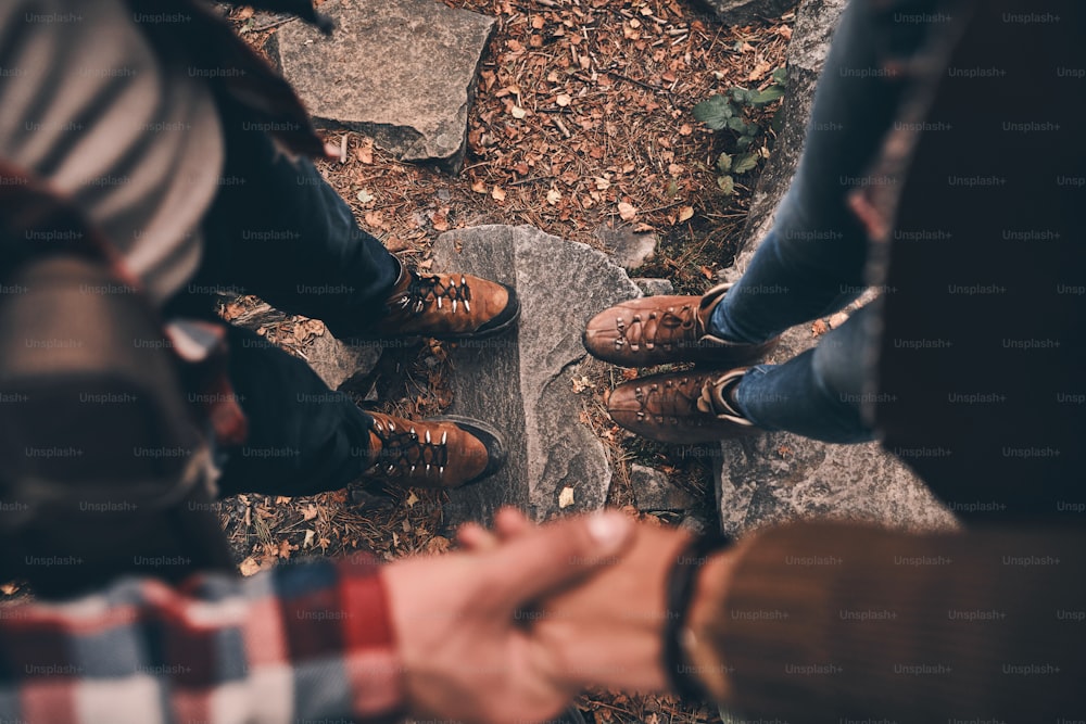 Close up top view of modern young couple holding hands while standing in the woods