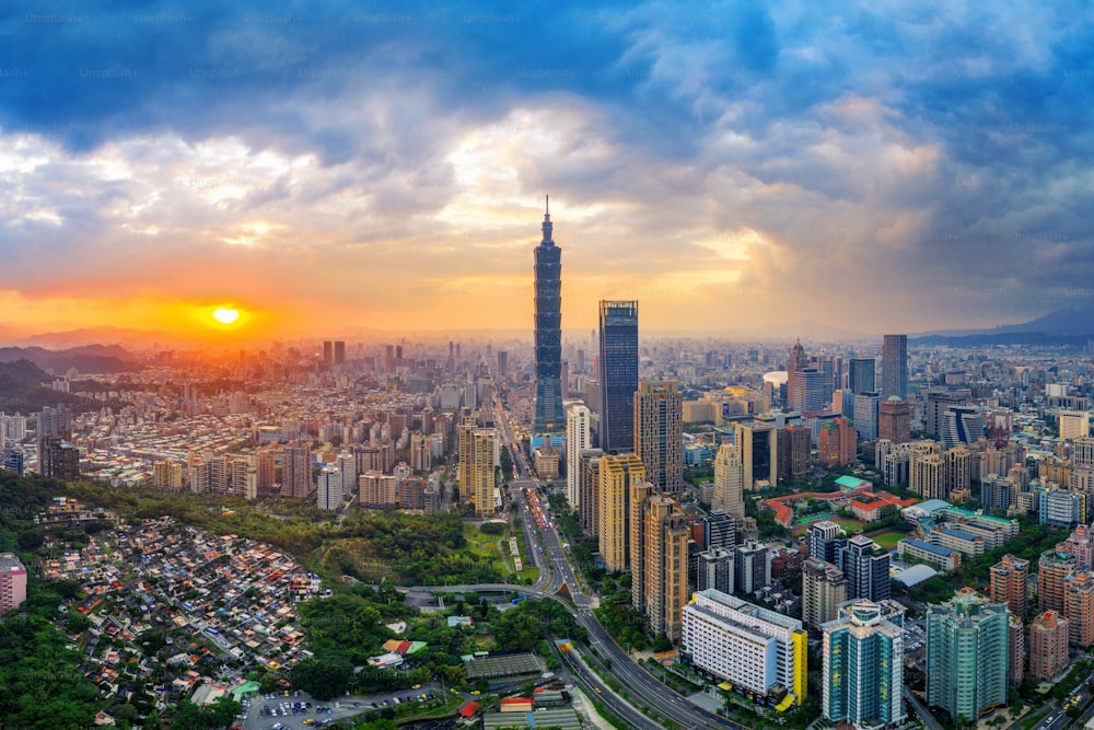 Taipei cityscape at sunset in Taiwan.