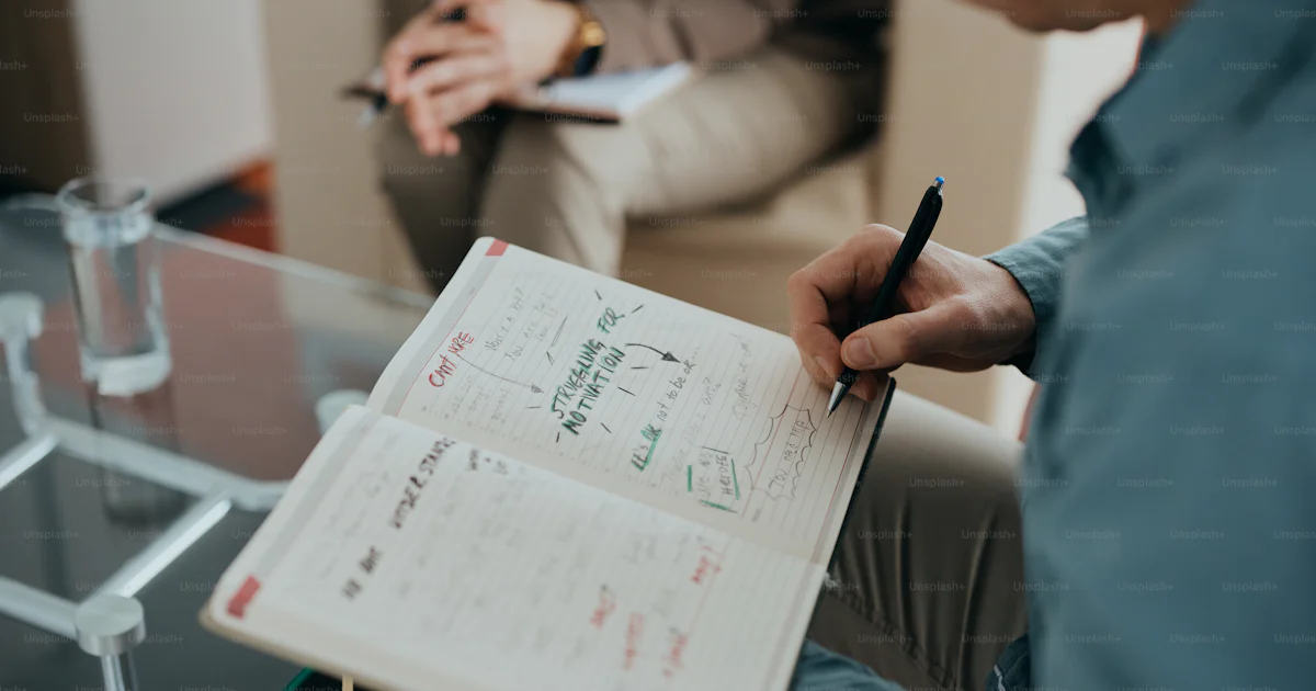 Patient Writing Close-up of male patient writing in notebook while brainstorming during ...