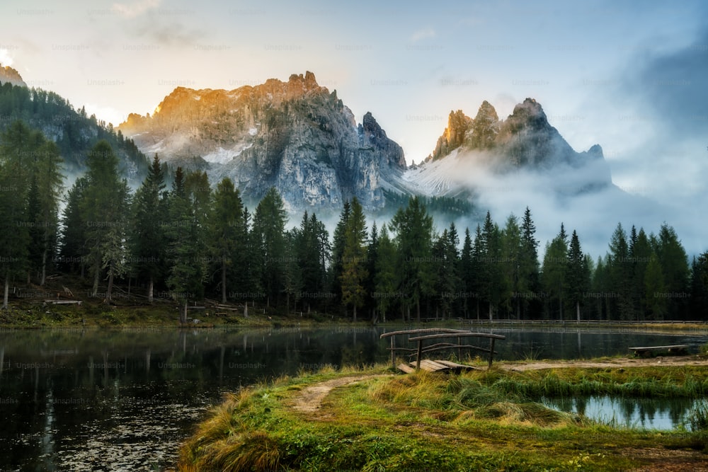 Majestic landscape of Antorno lake with famous Dolomites mountain peak in background in Eastern Dolomites, Italy Europe. Beautiful nature scenery and scenic travel destination.