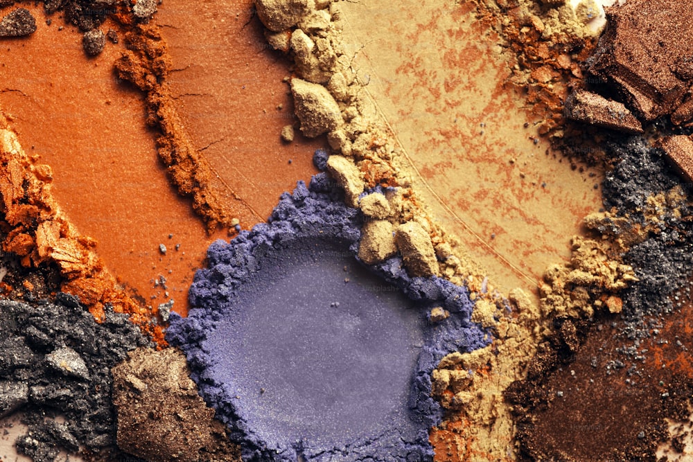 Smudged and crushed grey orange terracotta mustard yellow green grey blue purple pink shimmer textured eyeshadow on multi-coloured background