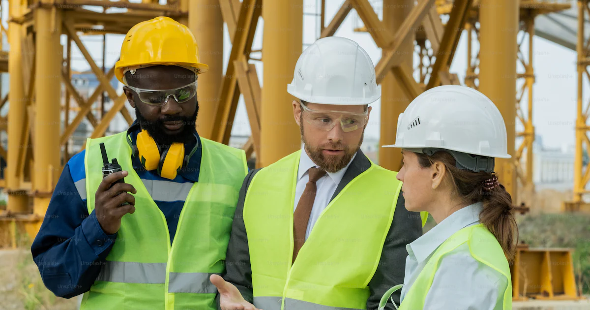 Two engineers using digital tablet and discussing project together with ...