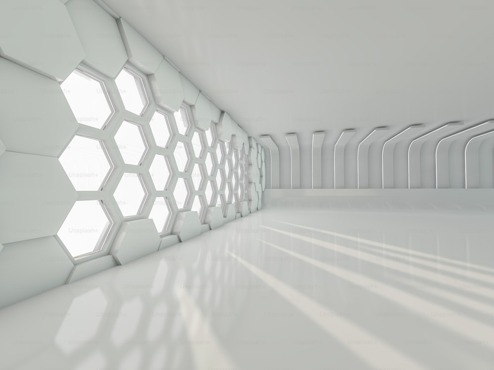 抽象的な現代建築の背景、空のオープンスペースのインテリア。3Dレンダリング