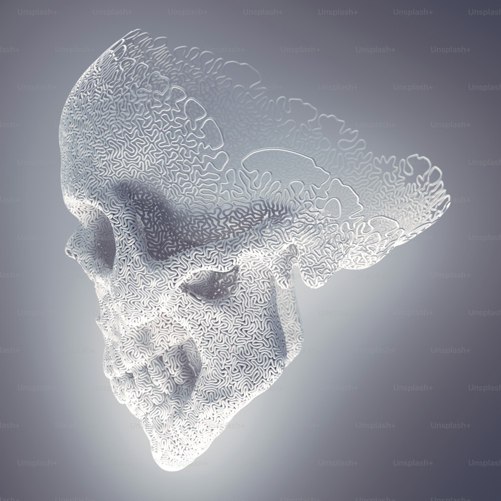 Computer generated abstract white plastic wire skull on a light background surrounded by mist. Geometric modern pattern. 3d rendering