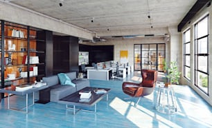 Interior de oficina de loft moderno, diseño de concepto de negocio de renderizado 3D
