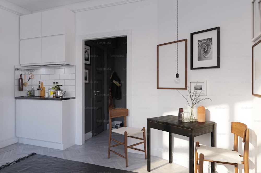 design de cozinha de estilo escandinavo compacto. Conceito de renderização 3D