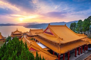 Wenwu temple and Sun moon lake at sunset, Taiwan.