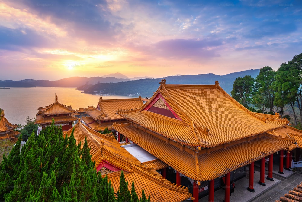 Wenwu temple and Sun moon lake at sunset, Taiwan.