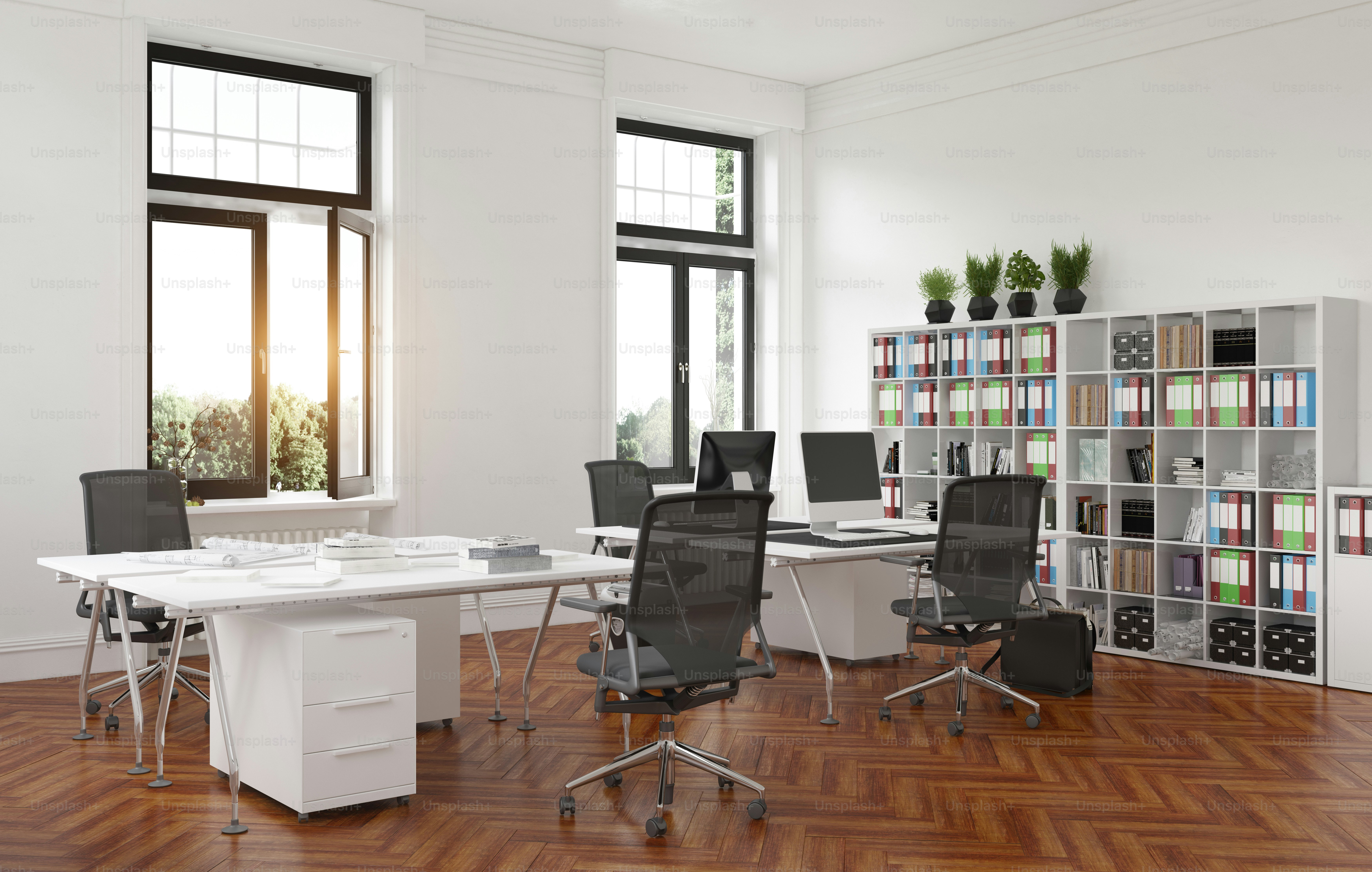 Interior de oficina contemporáneo. Concepto de diseño de renderizado 3D ...