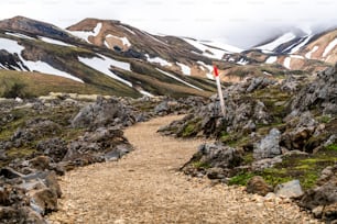 Landscape of Landmannalaugar surreal nature scenery in highland of Iceland, Nordic, Europe. Beautiful colorful snow mountain terrain famous for summer trekking adventure and outdoor walking.